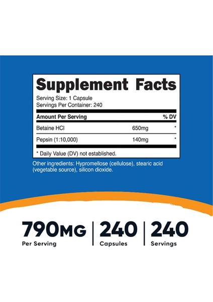 Betaine Hcl + Pepsin 790mg 240 Capsules - Gluten Free & Non-Gmo