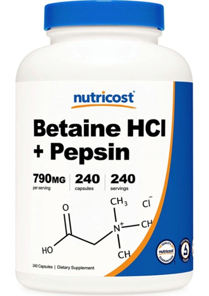 Betaine Hcl + Pepsin 790mg 240 Capsules - Gluten Free & Non-Gmo