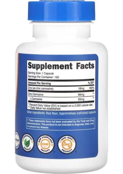 Zinc Carnosine 86mg 120 Capsules - Non-Gmo Gluten Free fiyatları