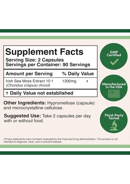 Irısh Sea Moss Irlanda Deniz Yosunu 1200mg 180 Capsul Usa fiyatları