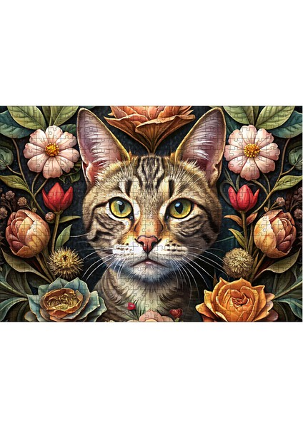 Ahşap Mdf Puzzle Yapboz Sevimli Kedi ve Çiçekler 50 x 70 cm