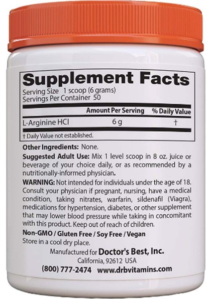 Dr Best Doctor's Best Pure L-Arginine Powder Per Serving 6gr (300 G) 50 Servis Usa fiyatları
