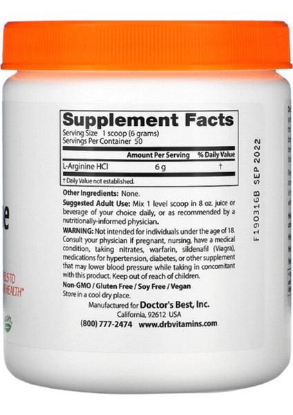 Dr Best Doctor's Best Pure L-Arginine Powder Per Serving 6gr (300 G) 50 Servis Usa modelleri