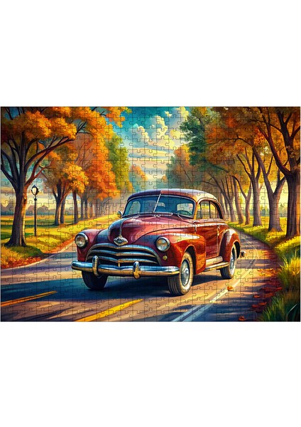 Ahşap Mdf Puzzle Yapboz Kırmızı Retro Kaplumbağa Araba 50 x 70 cm