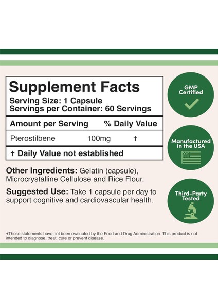Pterostilbene 100mg (Third Party Tested) Manufactured In The Usa 60 Capsules Superior To Resveratrol Antioxidant For Longevity Support (Non-Gmo Gluten Free)