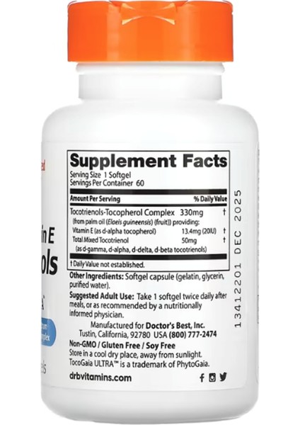 Dr Best Doctor's Best Vitamin E Tocotrienols With Tocogaia Ultra 50 Mg 60 Softgels