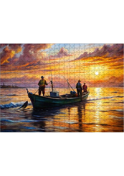 Ahşap Mdf Puzzle Yapboz Balıkçılar ve Güneş Manzarası 50 x 70 cm