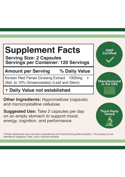 Ginseng Capsules (Korean Red Ginseng Extract Panax Ginseng 10% Ginsenosides) (4 Month Supply) 240 Vegan Capsules - 1 000mg Per Serving For Mood Cognitive Function And Energy