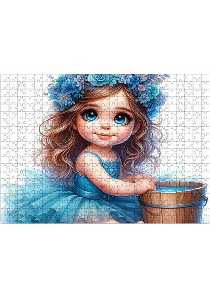 Ahşap Mdf Puzzle Yapboz Mavi Elbiseli Sevimli Kız 50 x 70 cm