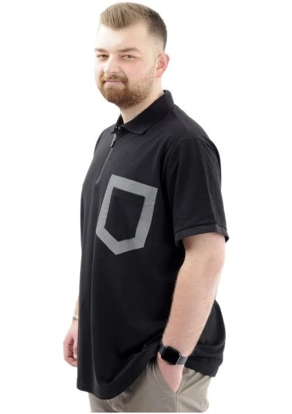 Büyük Beden Erkek T-Shirt Fermuarlı Polo Yaka Cepli U24325 Siyah