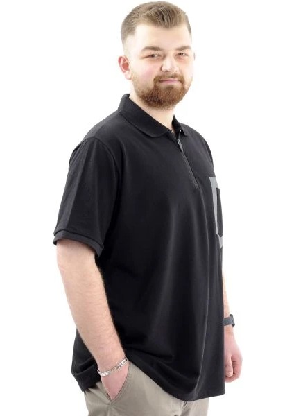 Büyük Beden Erkek T-Shirt Fermuarlı Polo Yaka Cepli U24325 Siyah