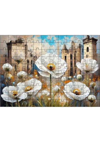 Ahşap Mdf Puzzle Yapboz Papatyalar ve Binalar 120 Parça 25*35 cm