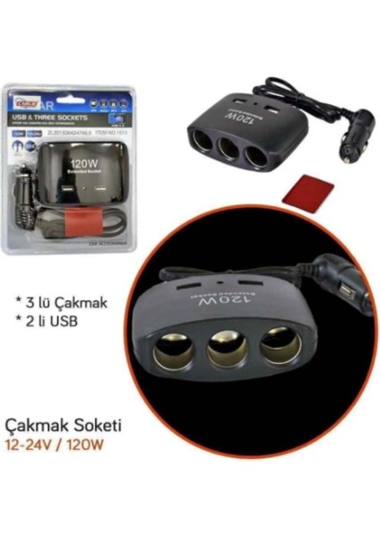 Çakmak Çoğaltıcı Soket 120W Kablolu 3lü 2usb