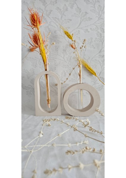 Beton Kuru Çiçeklik Vazo,dekoratif Vazo 2'li Set(2 Adet Cam Tüp Dahil)