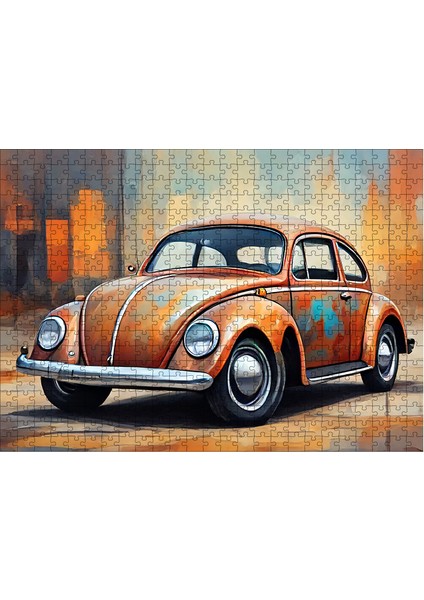 Ahşap Mdf Puzzle Yapboz Turuncu Retro Kaplumbağa Araba 50 x 70  cm