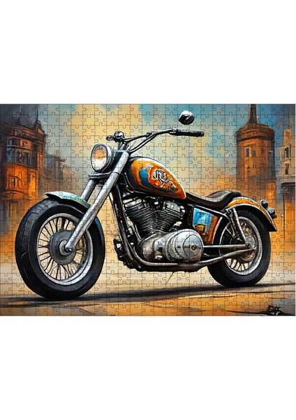 Ahşap Mdf Puzzle Yapboz Turuncu Chopper Motosiklet 50 x 70 cm