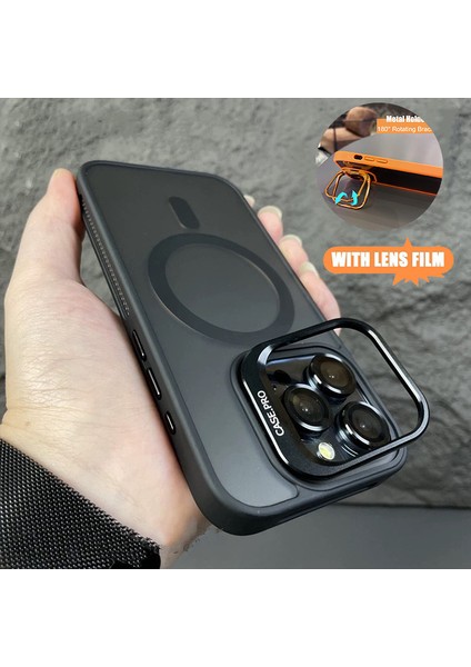 iPhone 14 Pro Max Kılıf + Lens Koruyucu Magsafe ve Stant Özellikli Arkası Mat Sert Pc Leke Yapmaz