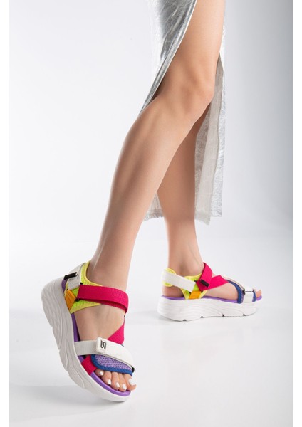 Sandal Spor SS001 Kadın Dolgu Topuklu Spor Sandalet Fuşya - Beyaz