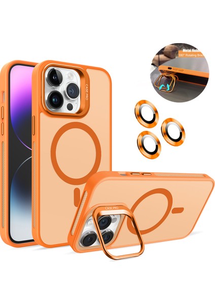 iPhone 14 Pro Max Kılıf + Lens Koruyucu Magsafe ve Stant Özellikli Arkası Mat Sert Pc Leke Yapmaz
