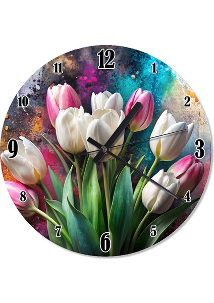 Pembe ve Beyaz Laleler Tasarım Duvar Saati