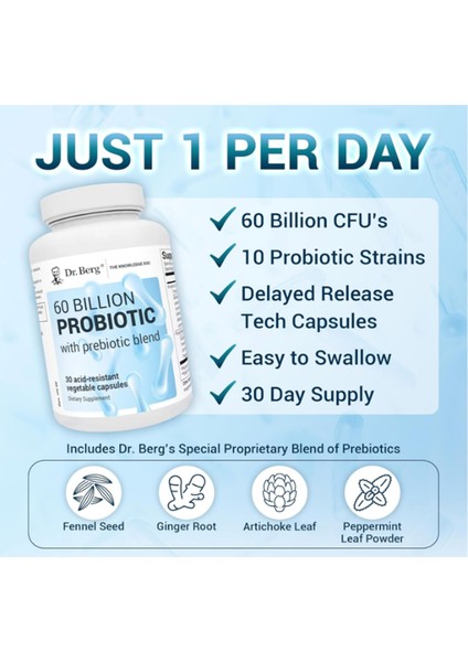 Dr Berg 60 Billion Probiotic - Probiotics For Men & Women - Pre And Probiotics For Digestive Health - 30 Vegetable Capsul modelleri