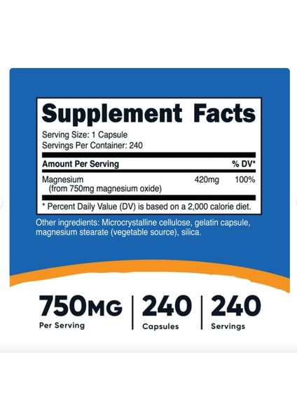Magnesium Oxide Supplement 750mg 240 Capsules Usa modelleri