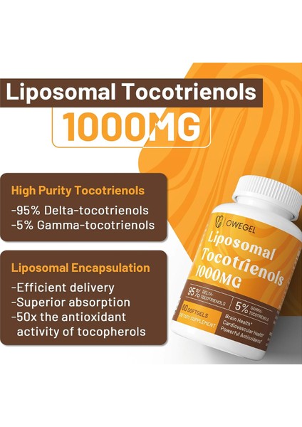 Liposomal Tocotrienols 1000mg - High Bioavailability Vitamin E Tocotrienols Supplements 95% Delta & 5% Gamma Tocotrienol Capsules Support Cardiovascular Skin Bone Antioxidant 60 Softgels