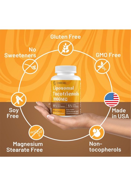 Liposomal Tocotrienols 1000mg - High Bioavailability Vitamin E Tocotrienols Supplements 95% Delta & 5% Gamma Tocotrienol Capsules Support Cardiovascular Skin Bone Antioxidant 60 Softgels indirimleri