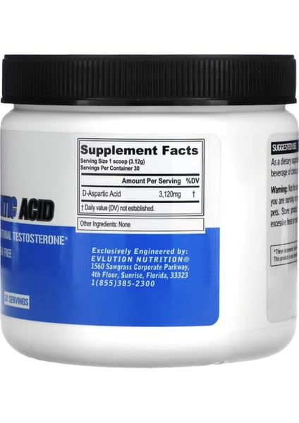 Evlution Nutrition D-Aspartic Acid Unflavored 3 3 Oz (94 G) Usa fiyatları