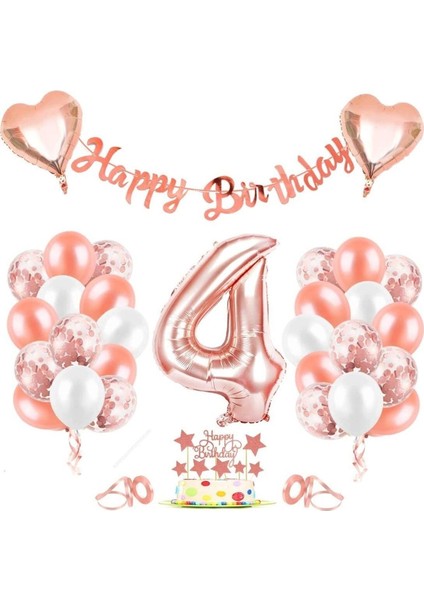 Rose Gold 4 yaş Rakam Kalp Folyo Balon Konfetili Balon Seti Banner