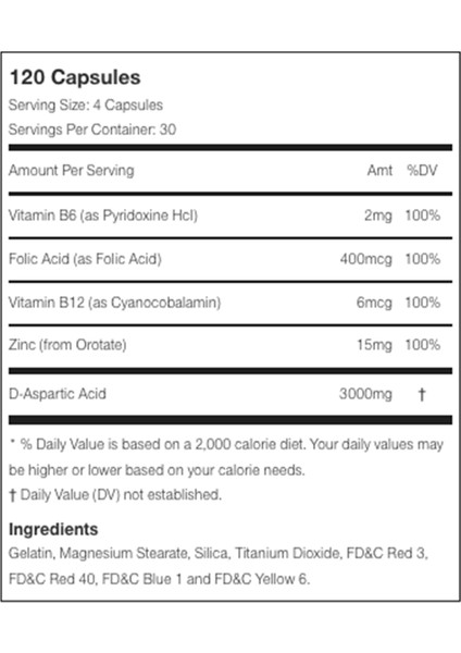 T-Up Booster (Daa-D-Aspartik Acıd Zınc B6 B12) 120 Capsules Usa Version