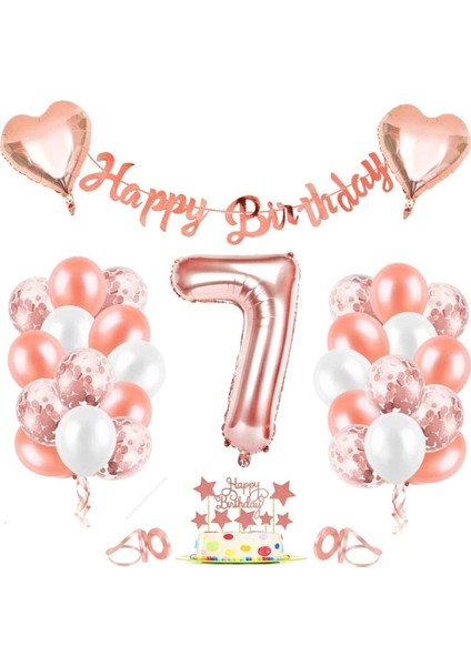 Rose Gold 7 yaş Rakam Kalp Folyo Balon Konfetili Balon Seti Banner
