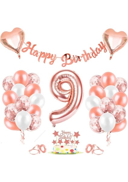 Rose Gold 9 Yaş Rakam Kalp Folyo Balon Konfetili Balon Seti Banner