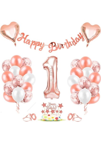 Rose Gold 1 yaş Rakam Kalp Folyo Balon Konfetili Balon Seti Banner