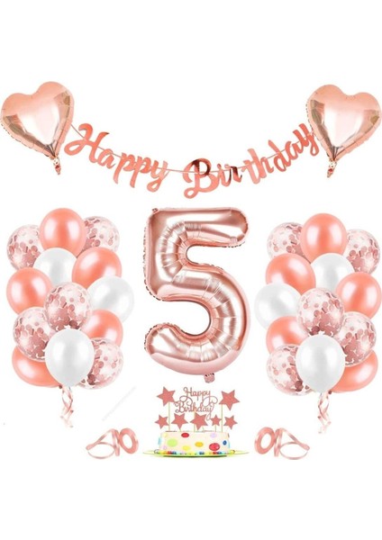 Rose Gold 5 yaş Rakam Kalp Folyo Balon Konfetili Balon Seti Banner