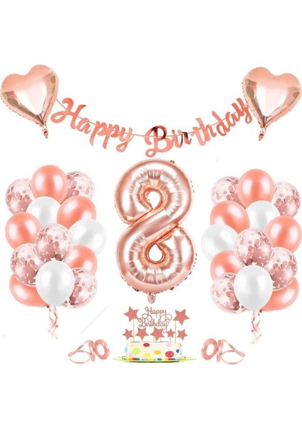 Rose Gold 8 Yaş Rakam Kalp Folyo Balon Konfetili Balon Seti Banner