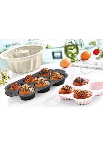 Tek Parça Pembe 6'lı Silikon Mini Kek Kalıbı - Muffin Kalıbı 6lı Kalıp Göbekli Kek Kalıbı 24X16CM