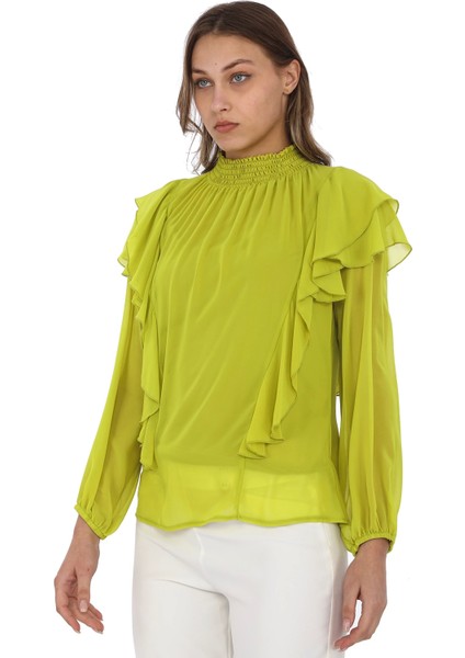 Omuz Fırfırlı Yaka Gipeli Şifon Bluz 6001-OLIVE fiyatları