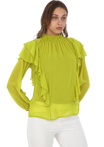Omuz Fırfırlı Yaka Gipeli Şifon Bluz 6001-OLIVE fırsatları