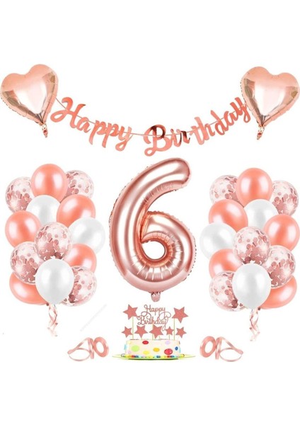 Rose Gold 6 yaş Rakam Kalp Folyo Balon Konfetili Balon Seti Banner