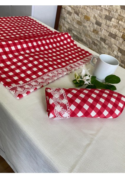 Güpürlü Pötikare Runner 40 x 120 cm ve 6 Adet Peçete 40 X40 (1 Inci Kalite Duck Keten)