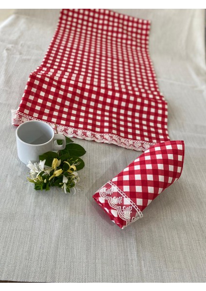 Güpürlü Pötikare Runner 40 x 120 cm ve 6 Adet Peçete 40 X40 (1 Inci Kalite Duck Keten)