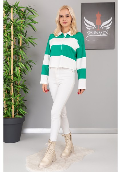 Çizgi Detaylı Şardonlu Crop Sweatshirt modelleri