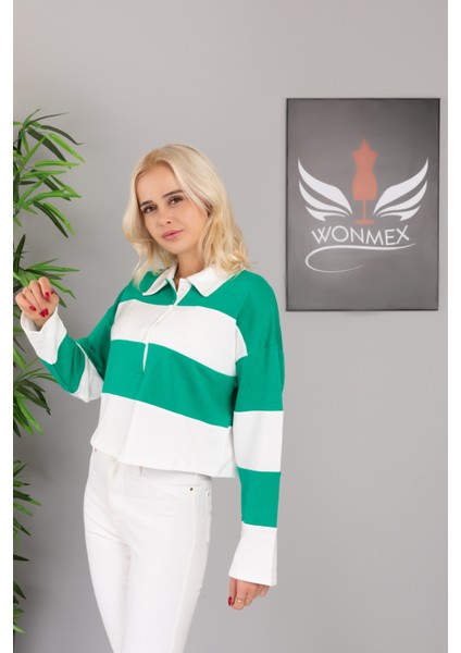 Çizgi Detaylı Şardonlu Crop Sweatshirt