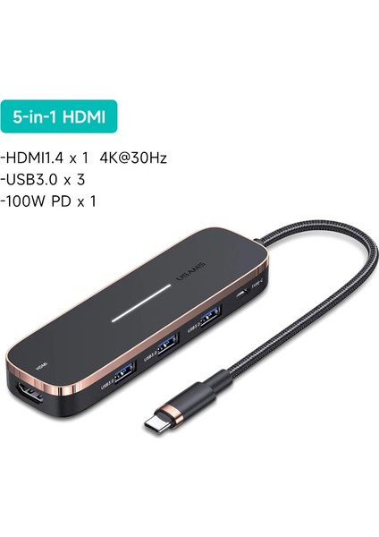 Sipariş Vakti Usams US-SJ578 5 In 1 Çok Fonksiyonlu Type-C Hub 3 Usb+Type-C+4k HDMI Ports