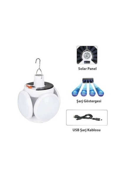 Tartuk Store Solar Güneş Enerji ve USB Sarjlı 5 Kanatlı Bahçe Aydınlatma LED Askılı Pratik Kamp Lamba