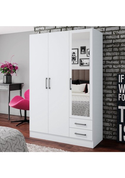 Aden Home 3 Kapaklı Gardırop, %100 Mdf Beyaz Gardırop, Elbise Dolabı, Kapaklı Çekmeceli Beyaz Gardırop