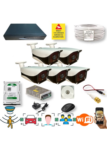 5 Kameralı Set - Araç Insan Yüz Tanımalı Gece Görüşlü 36 Ir Ledli Metal Güvenlik Kamerası Seti E336