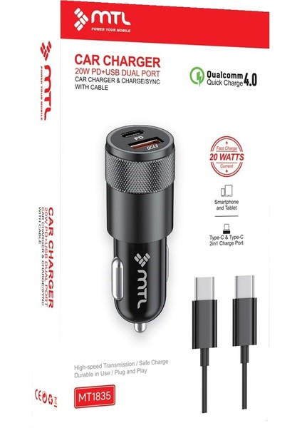 MT1835 20W Qc 4.0 Pd + USB Çıft Gırıs Type C Pd Araç Sarj Cıhazı
