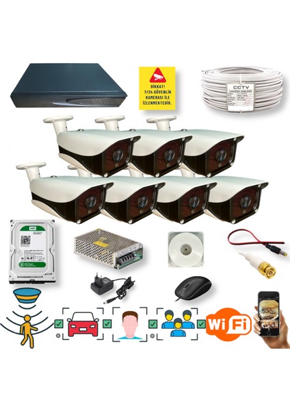 7 Kameralı Set - Araç Insan Yüz Tanımalı Gece Görüşlü 36 Ir Ledli Metal Güvenlik Kamerası Seti E336